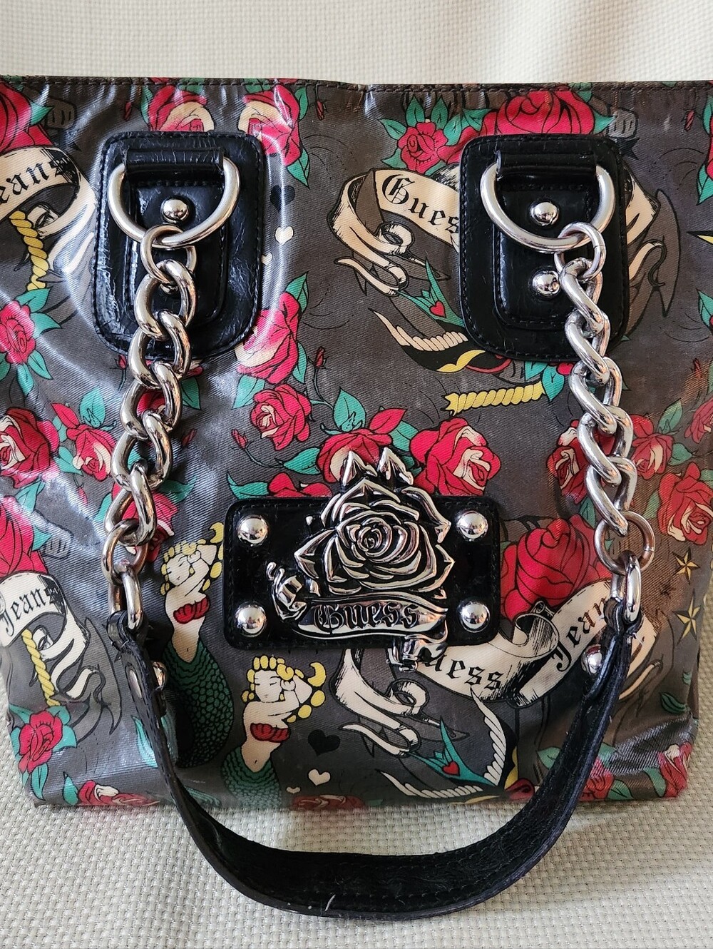 Vintage GUESS Inked Vinyl Mermaid Rose 11" Tote Bag Y2K Tattoo Print McBling